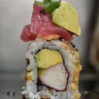 Tartar Roll · 10 pieces with Kanikama tempura, avocado, crispy shallots topped with tuna tartar and ponzu ...