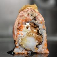 Ginza Roll · 10 pieces with Shrimp tempura, salmon, kanikama salad, crispy shallots, scallions, cream che...