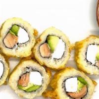 Tempura Japanese Bagel Roll · Smoked Salmon, Avocado, Cream Cheese Rolled with Sushi Rice. Tempura fried, Aioli Sauce