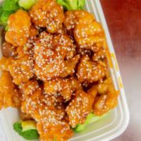 Sesame Chicken · Hot and spicy. Crispy breaded chicken sauteed in a spicy honey vinegar sauce sprinkled with ...