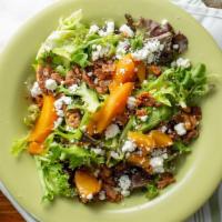Smoked Peach Salad · Mixed greens, smoked peaches, candied pecans, bacon, and goat cheese with goat cheese vinaig...