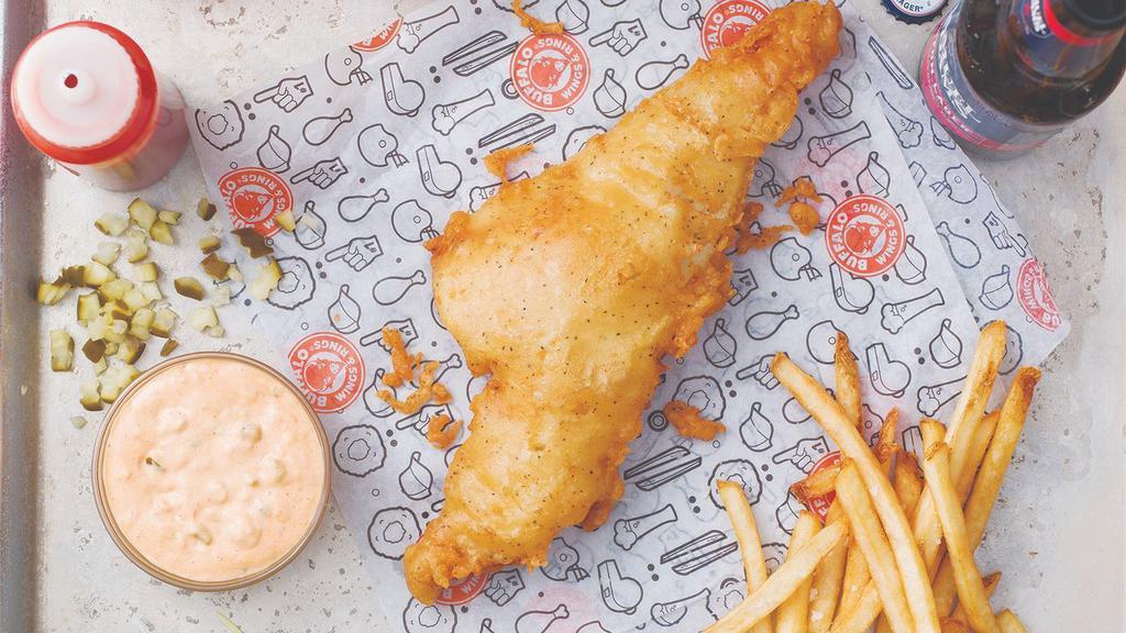Fish & Chips Basket · Haddock filet, flash fried in beer batter, with our signature tartar sauce, cole slaw and your choice of side.