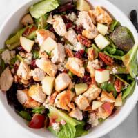 Harvest Chicken Salad · Assorted greens, topped with diced grilled chicken, candied pecans, dried cranberries, fresh...