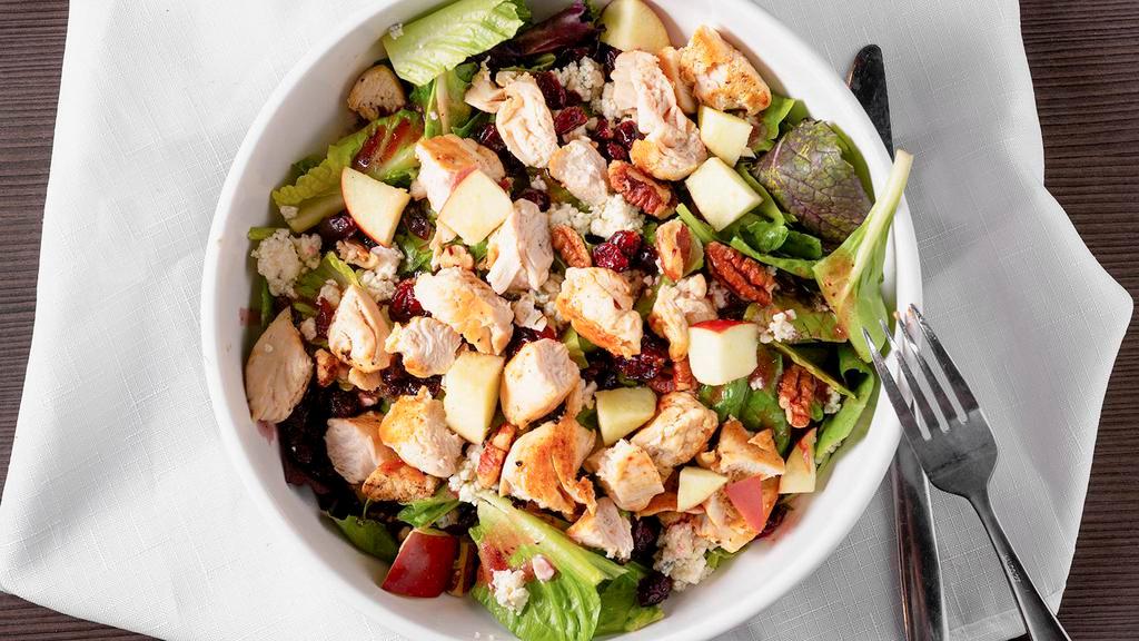 Harvest Chicken Salad · Assorted greens, topped with diced grilled chicken, candied pecans, dried cranberries, fresh apples and Bleu Cheese crumbles, tossed in our raspberry walnut vinaigrette.