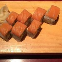Crazy Salmon Roll · Fish & seafood are served raw. Spicy salmon, cucumber, topped w/seared salmon, tempura flake...