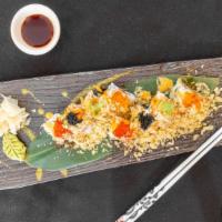 Rain Forest Roll · Shrimp tempura, cream cheese topped w/crab salad, tempura flake, tobiko spicy mayo, and kaba...