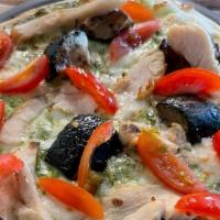 Pesto Pizza · Pesto sauce, mozzarella cheese, fresh mozzarella, cherry tomatoes, chicken, fresh roasted zu...