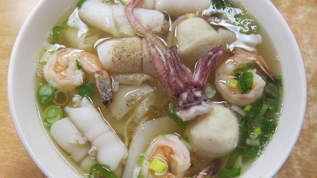Vegetarian Seafood Soup · All vegetarian shrimp, lobster, scallop ,crab meat mixed vegetable.