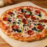 Supreme Pizza Medium  16” · Finest pepperoni, sausage, ham, bacon, green peppers, onion, black olives and mushrooms.