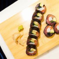 Sashimi Roll · Riceless roll inside tuna, salmon, kani, avocado, cucumber, masago and scallions.
