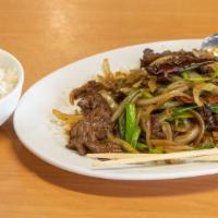 Mongolian Beef · Served with steamed rice! Served mild spicy.