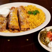  Flautas Rancheras · Flour tortilla fried filled your choice of either ground beef, shreeded beef or chicken, rol...