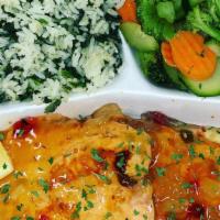 Pineapple Habanero Salmon · roasted pineapple habanero salmon. Served with veges melody and spinach rice.