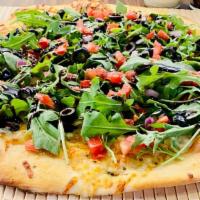 Arugula Salad Pizza · Melted Mozzarella cheese, fresh Arugula, diced tomatoes, sweet red onions and black olives t...