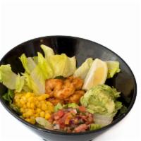 Shrimp · Romaine Lettuce, garlic shrimps, avocado, corn, pico de gallo, lemon and mango vinaigrette d...