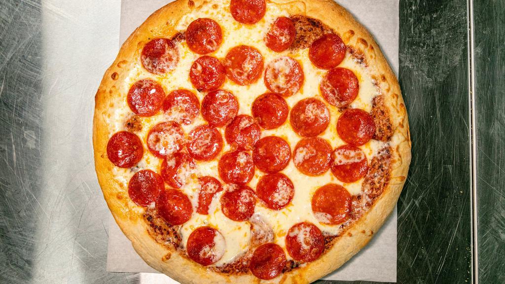 Pepperoni Pizza · Large pepperoni in every bite. Topped 100% whole milk real mozzarella, zesty, thick sliced pepperoni, and diced pepperoni chunks.