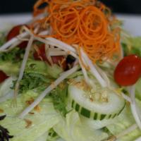 Thai Grilled Chicken Salad · Grilled chicken breast on a bed of mixed greens, cucumber, tomato, and carrot served with pe...