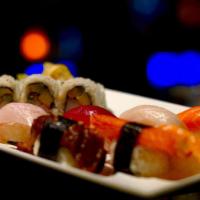 Sushi Mori · California roll and seven pieces of sushi.