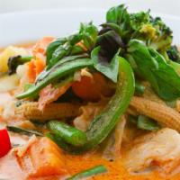 Red Curry · Hot. A classic thai curry with red curry paste, coconut milk, bamboo shoots, mixed vegetable...