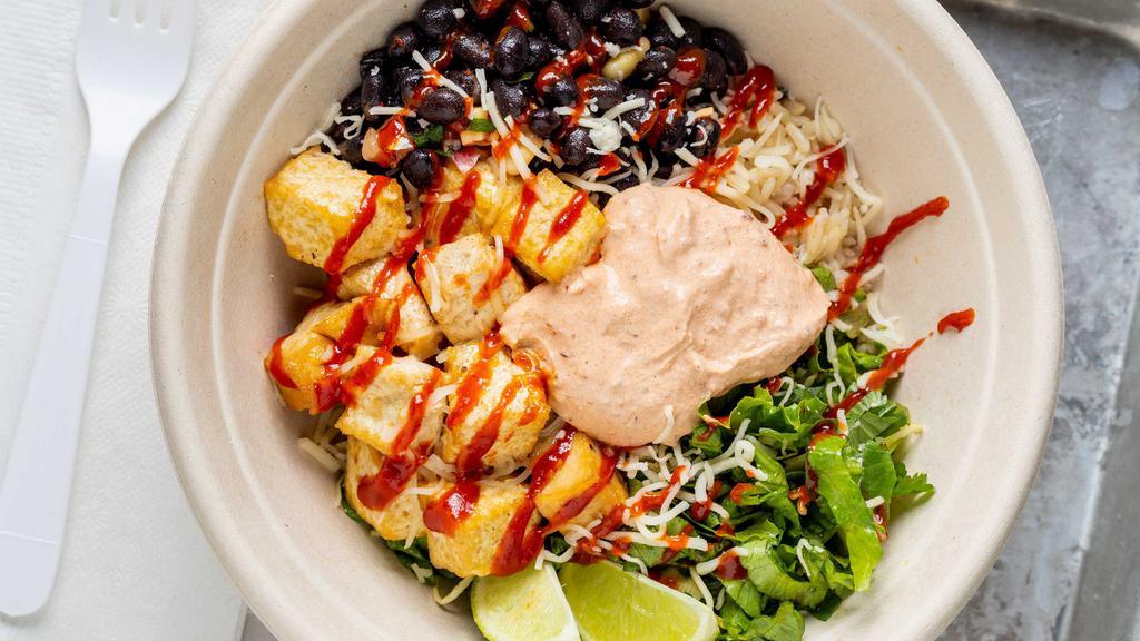 Rice Bowl · Your choice of protein, rice, black bean corn salsa, shredded cheese, soy-sesame vinaigrette salad, Yumbii chili sauce, and chipotle sour cream.