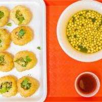 Pani Puri (8) · Vegetarian. Crispy fried puffed ball filled with potatoes, chickpea, and flavored water.