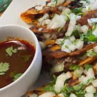 Tacos De Birria Con Queso (Birria Cheese Tacos) (Short Rib) · Short Rib on a seasoned Corn tortilla with Melted Cheese, Cilantro/Onions and lime. Order of...