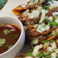 Tacos De Birria Con Queso (Cheese Birria Tacos) (Short Rib) · Short Rib on a seasoned Corn tortilla with Melted Cheese, Cilantro/Onions and lime. Order of...