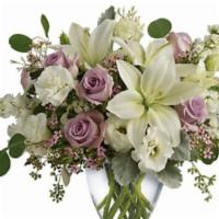 Lovely Luxe Bouquet · Luxe in love! Pale lavender roses, creamy white lilies, and delicate greens create a soft, r...