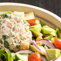 Tuna Salad · Lettuce, spinach, tomato, red onion, chickpeas, homemade dressing, Romano cheese, avocado, a...