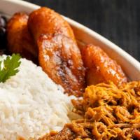 Venezuelan · Rice, black beans, shredded beef or chicken, sweet plantains and White cheese.