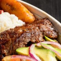 Colombian · Rice, red beans, sweet plantains, Angus steak and salad.
