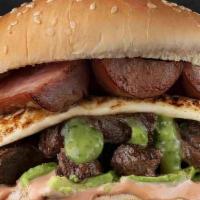Churrasco Burger · Prime Churrasco (steak), and chorizo (sausage, topped with avocado, fried cheese and house s...