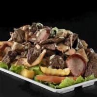 Parrilla Mixta · Angus Picanha, Chicken, Smoked Sausage on the grill with French fries, Lettuce and Tomato an...