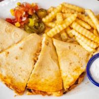 Quesadilla · Flour tortillas filled with a choice of marinated beef or spicy chicken, stir-fried kimchi, ...