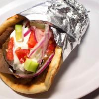 Gyro Pita · Specially seasoned beef and lamb meat topped with tzatziki, tomatoes, onions, and cucumbers.