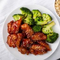 Sesame Chicken · Deep fried battered chicken stir fried in our special sweet sesame sauce and served with ste...