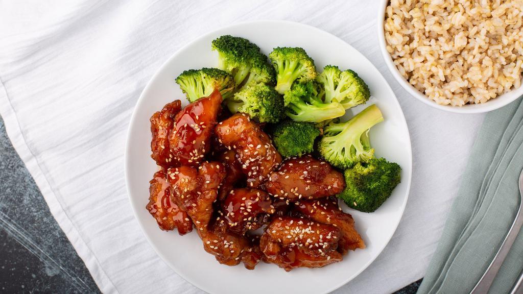 Sesame Chicken · Deep fried battered chicken stir fried in our special sweet sesame sauce and served with steamed broccoli.