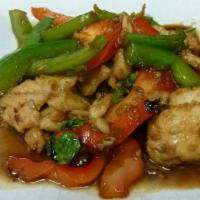Spicy Basil Seafood · Spicy level two. Lobster, shrimp and scallops stir fried with onions, baby corn, mushrooms, ...