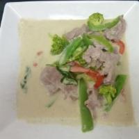 Sweet Lime Curry · Your choice of meat, simmered with green curry, coconut milk, snow peas, broccoli, bell pepp...