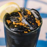 Charcoal Lemonade · Activated charcoal, lemon, ginger, maple syrup, cayenne.