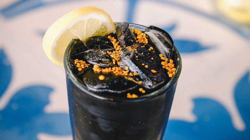 Charcoal Lemonade · Activated charcoal, lemon, ginger, maple syrup, cayenne.