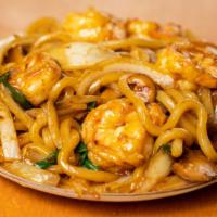 Shrimp Udon · Sautéed Udon noodles with onion, carrot, celery, green onion, and shiitake mushroom.