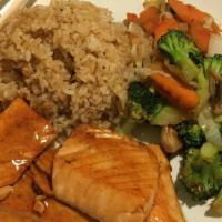 Salmon Hibachi · Served with steamed or fried rice, grilled vegetables, and onion or miso soup or green salad.