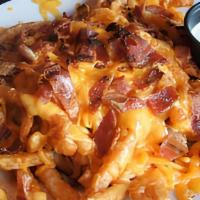 Bacon Cheese Fries · French fries covered with Cheddar cheese, mozzarella cheese, and bacon.