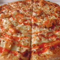 Buffalo Chicken Ranch Pizza · Ranch Sauce topped with grilled chicken, white onions ,bacon and swirl of buffalo hot sauce ...