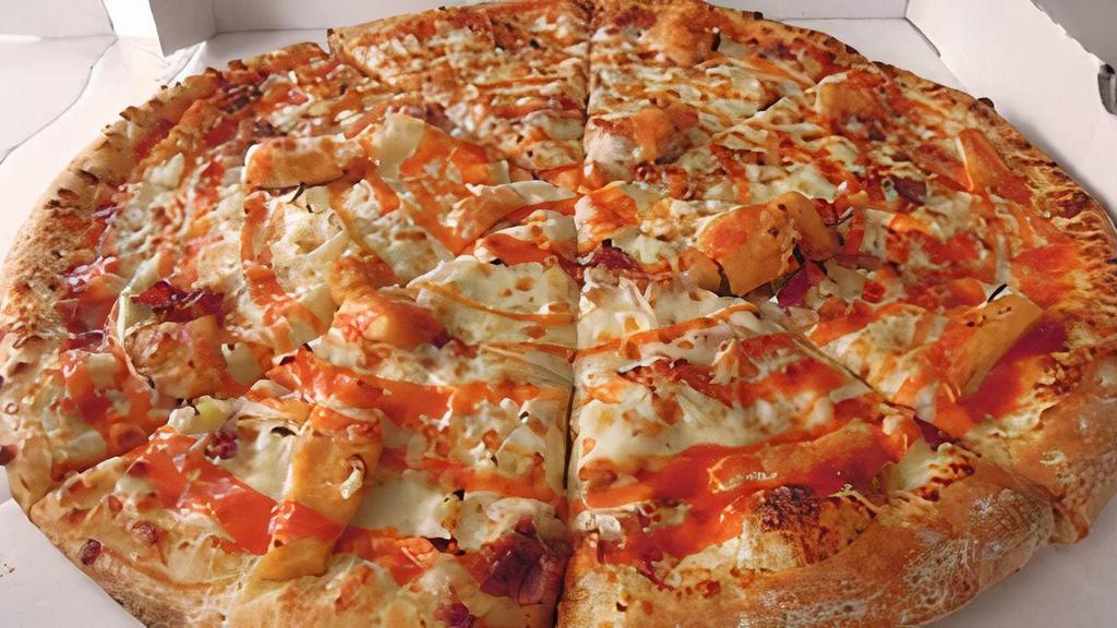 Buffalo Chicken Ranch Pizza · Ranch Sauce topped with grilled chicken, white onions ,bacon and swirl of buffalo hot sauce on top.