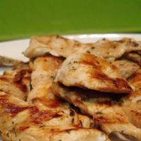 Flat Grilled Chicken Breast · Prepared with sauce and onions.
