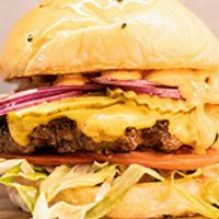 American Classic · 7oz beef patty with white american cheese, lettuce, tomato, pickles, red onion and thousand ...