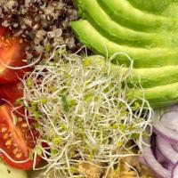 Chickpea & Quinoa Salad · Quinoa, cucumber, red onion, grape tomatoes, avocado, chickpea salad, sprouts and mixed gree...