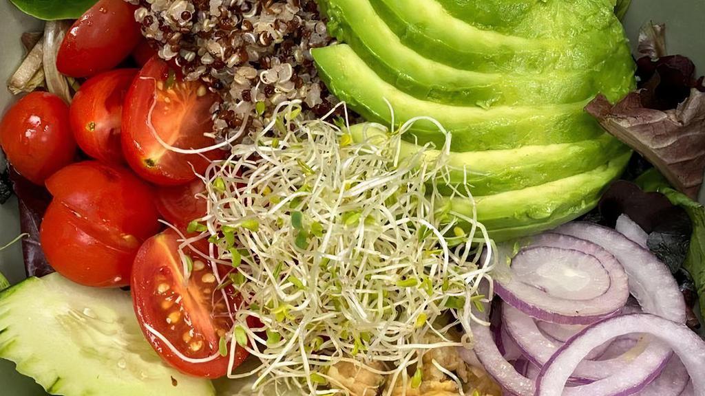 Chickpea & Quinoa Salad · Quinoa, cucumber, red onion, grape tomatoes, avocado, chickpea salad, sprouts and mixed greens served with lemon avocado dressing.